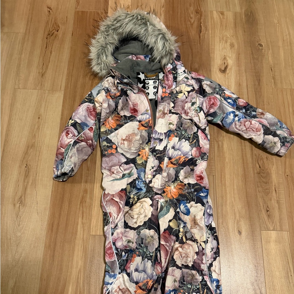 Molo Floral snowsuit/skisuit with faux fur hood